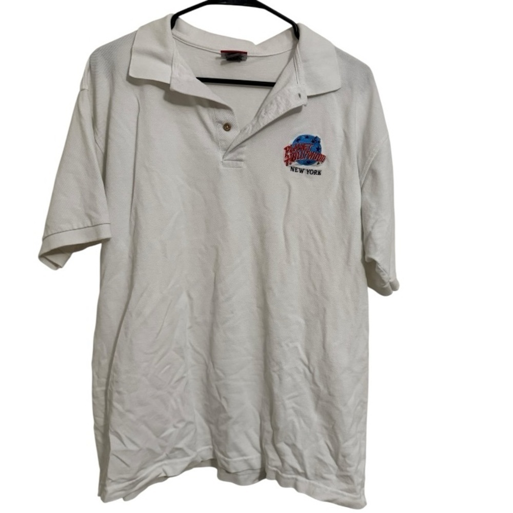 Planet Hollywood New York White Embroidered Polo Shirt Vintage 90s